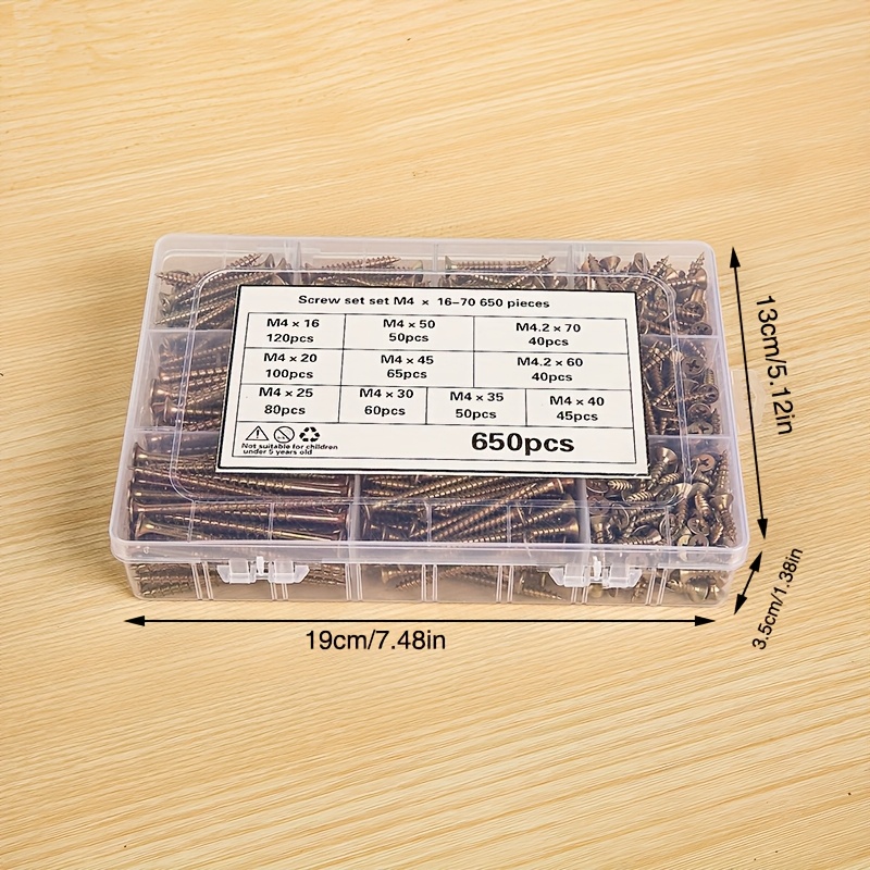 Image of 650pcs Color Plated M4 Screw Combination Set, M4/16/20/25/30/35/40/45//70, Countersunk Self-tapping Wood Screws - Metal Screws