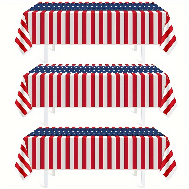 

4th Of July Patriotic Tablecloths Disposable Plastic Table Covers 54"x108" For Independence Day Party Decorations, Outdoor Picnic, Camping, Memorial Events - White, Red Striped With Stars (pack Of 3)