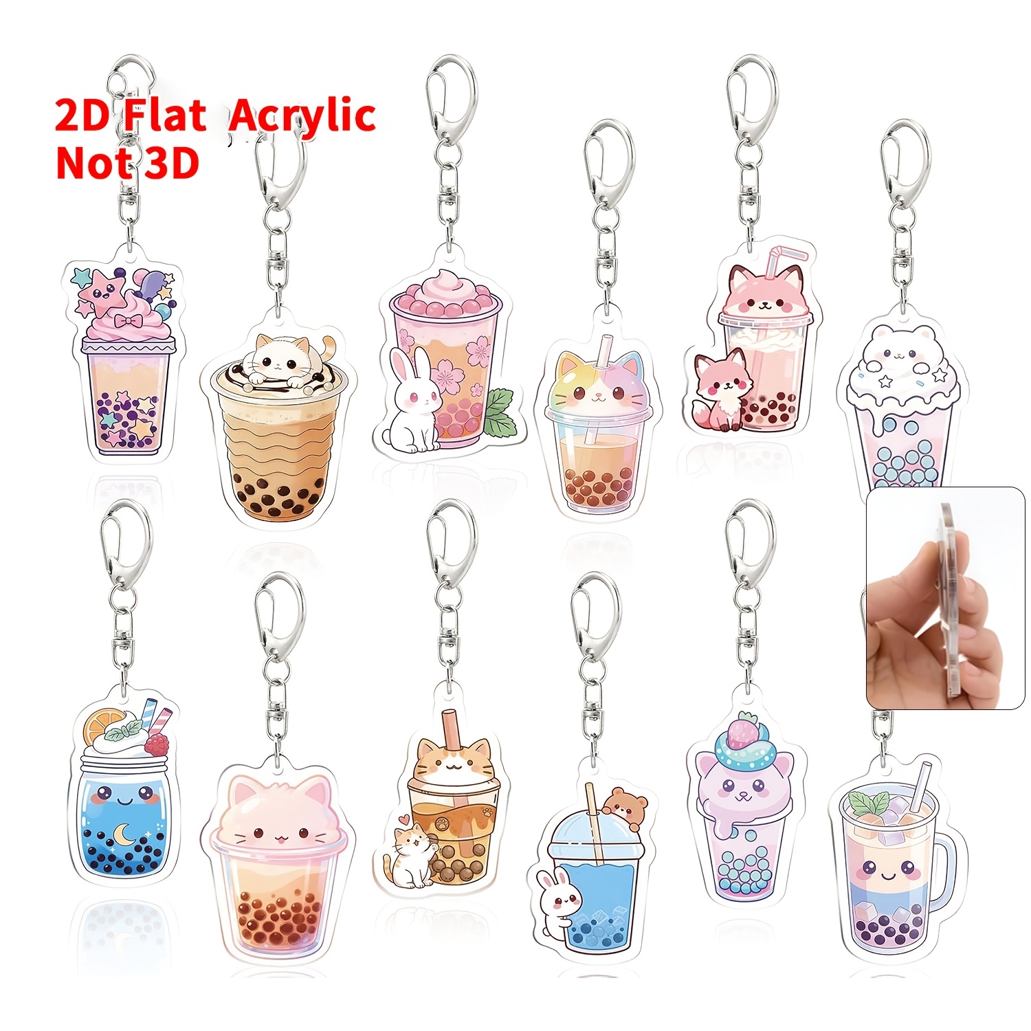 TEMU 2d Flat, 2d Flat 12pcs Bubble Tea Keychain Set, Cute Animal Acrylic Key Rings, Cartoon Milk Tea Pendant Charms, Versatile Accessories For Bags