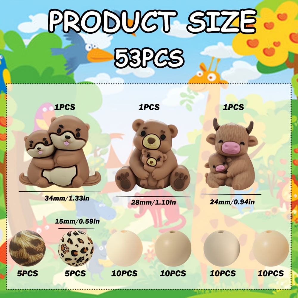 TEMU 53pcs Silicone Bead Set - Otter, Bear, Cow Shaped Silicone Beads With Animal Pattern 15mm Round Silicone Beads, Diy Craft Beads, Non-toxic,