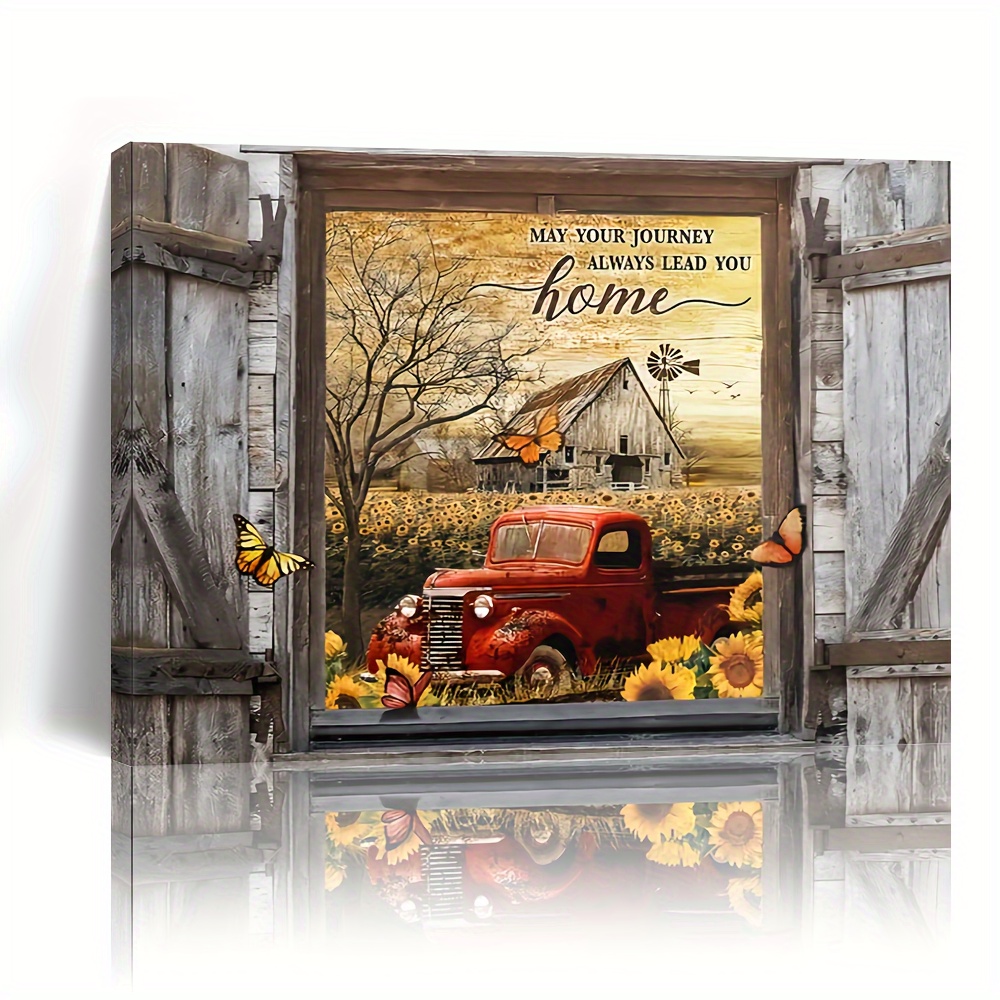 

1pc Wooden Framed Canvas Painting Farmhouse Red Old Trucks Picture Kitchen Wall Art Prints For Home Decoration, Living Room&bedroom, Festival Gift For Her Him, Out Of The Box