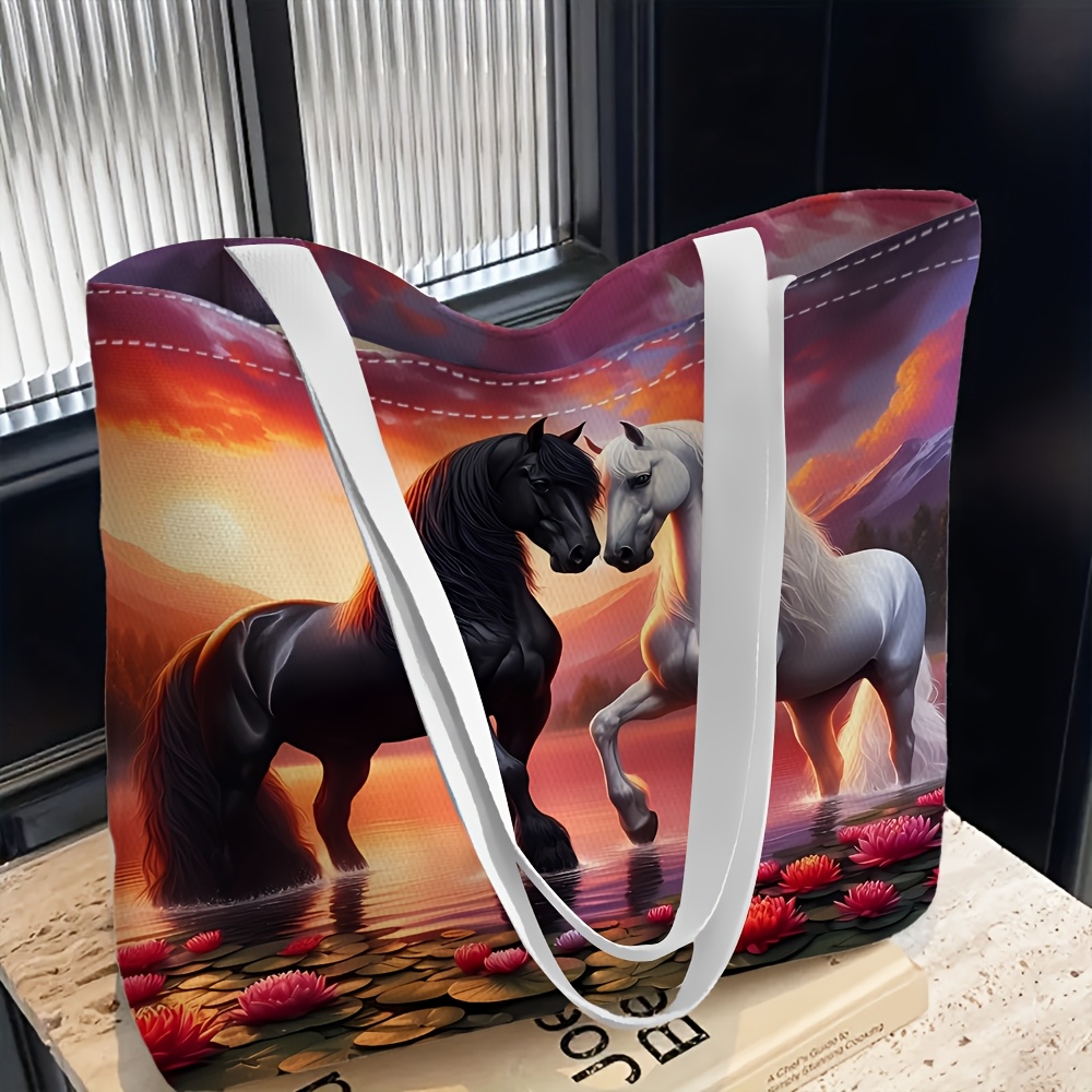 TEMU 1pc Women' Print Tote Bag - Black & White Horse Suitable For Travel, Daily Use, Parties, Gift Bag Pattern, Machine Washable Hemp Handbag For