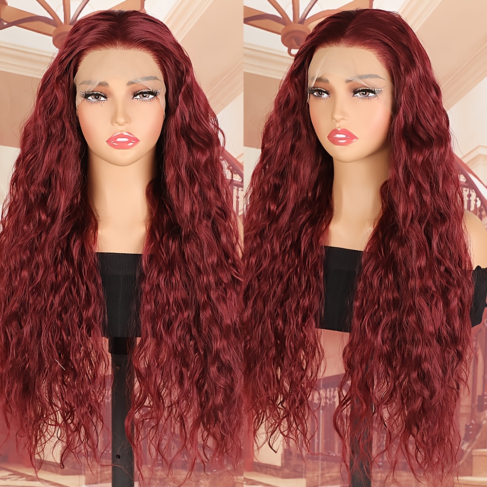 26 burgundy curly lace front wig 13x4 hd transparent lace - Temu display picture 1