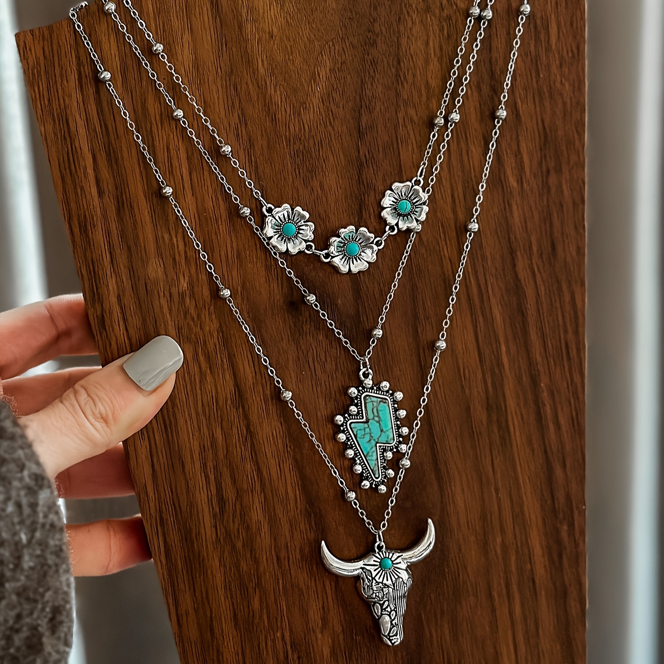 TEMU Set Of 3 Alloy Inlaid Pendant Necklaces, Featuring A Vintage Ethnic Western Cowboy Lightning , Gifts And Layering During Vacations