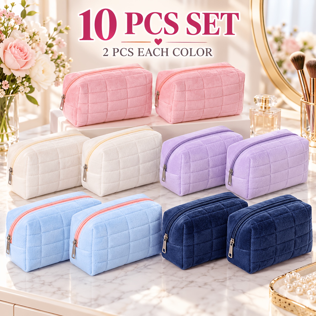 TEMU Lot de 10 Trousse de Cosmétique Carrée Douce, Grandes Trousse de Rangement Cosmétiques à Grille et Fermeture Éclair, Trousse de Toilette de