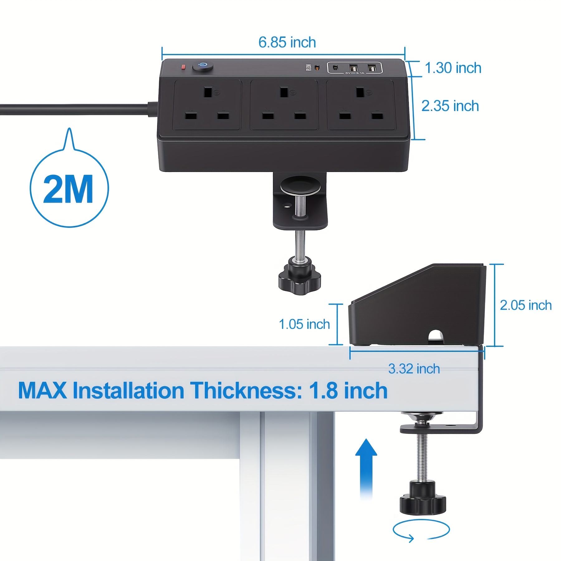 TEMU Desk Power Socket With Usb C Slots, Pd 20w Fast Charging Power Station, Hafino Extension Lead With Usb Slots With Removable Clamp, Desktop Power