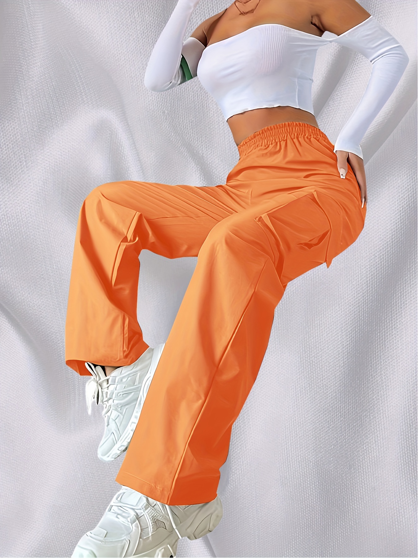 Pantalones cargo neón naranja con bolsillo con solapa de cintura con cordón, Moda de Mujer