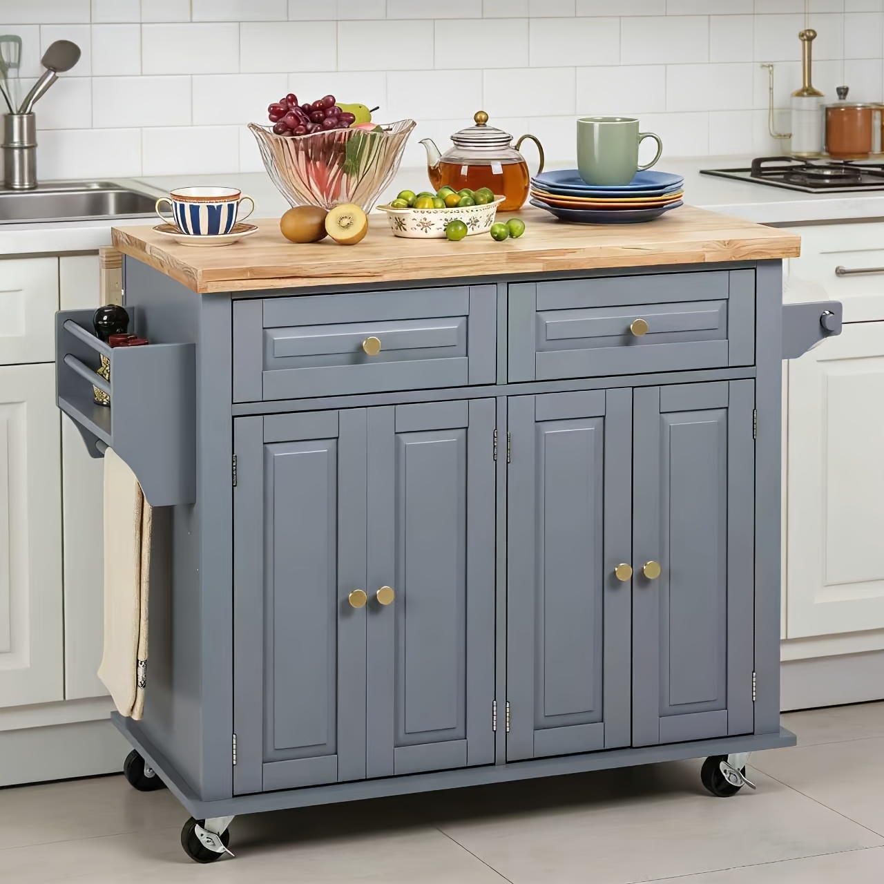 Rolling Kitchen Island with Drop Leaf, Thicken Rubberwood Top, Spice Rack, Towel Rack, Drawer, 43.3