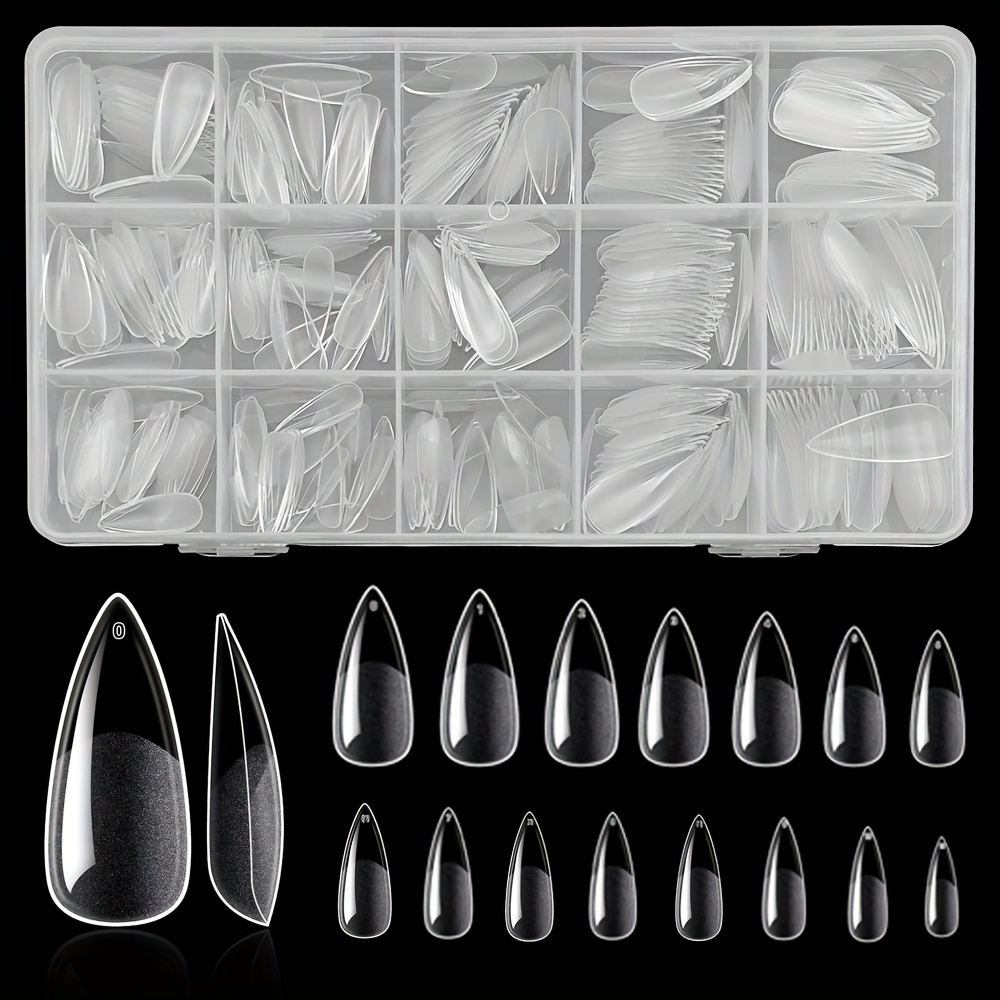 TEMU 330pcs/box Medium Stiletto Nails, 15 Sizes, Press-on Full/half Cover Pre-matte Gel Tips, Water Drop Shaped Clear Fake Nails For Nail Extensions, Home Nail Art & Salon Use