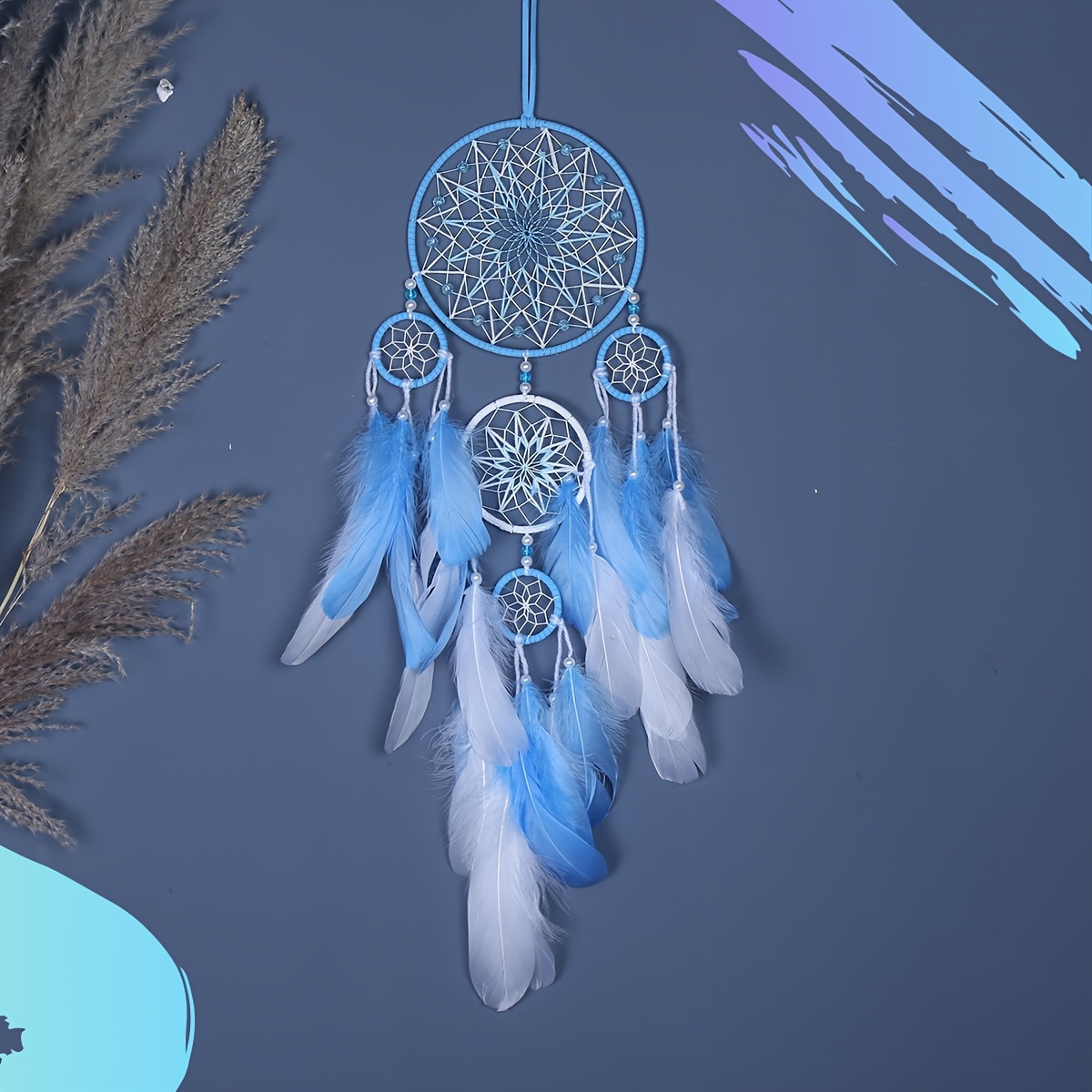 Image of A Blue And White Feather Wall Hanging, Handcrafted With Intricate Bead Decorations, Perfect For Bedroom Or Living Room, A Decor Gift For A Girlfriend Or Best Friend