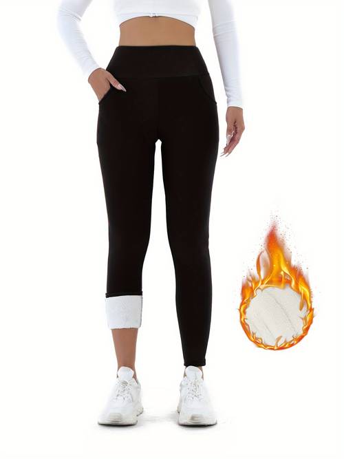 womens high waist plush lined multi color trousers with pockets outdoor thick warm stretch pants stylish soft and comfortable for autumn and winter