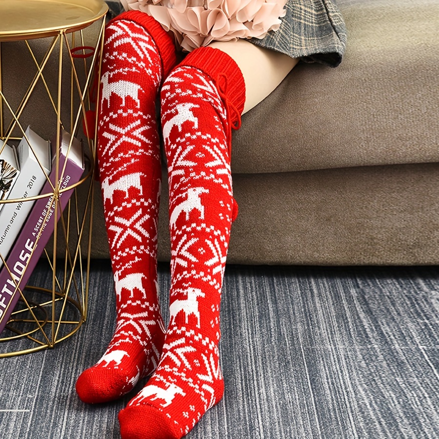 

Christmas Thigh- For - Knit Over-the-knee Stockings Pompoms, &