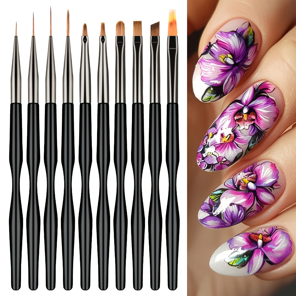 TEMU 10pcs Professional Nail Art Brush Set, Line Drawing And Blending Dotting Pen, Beginner's Professional Manicure Tool Kit, Unscented, With Hook