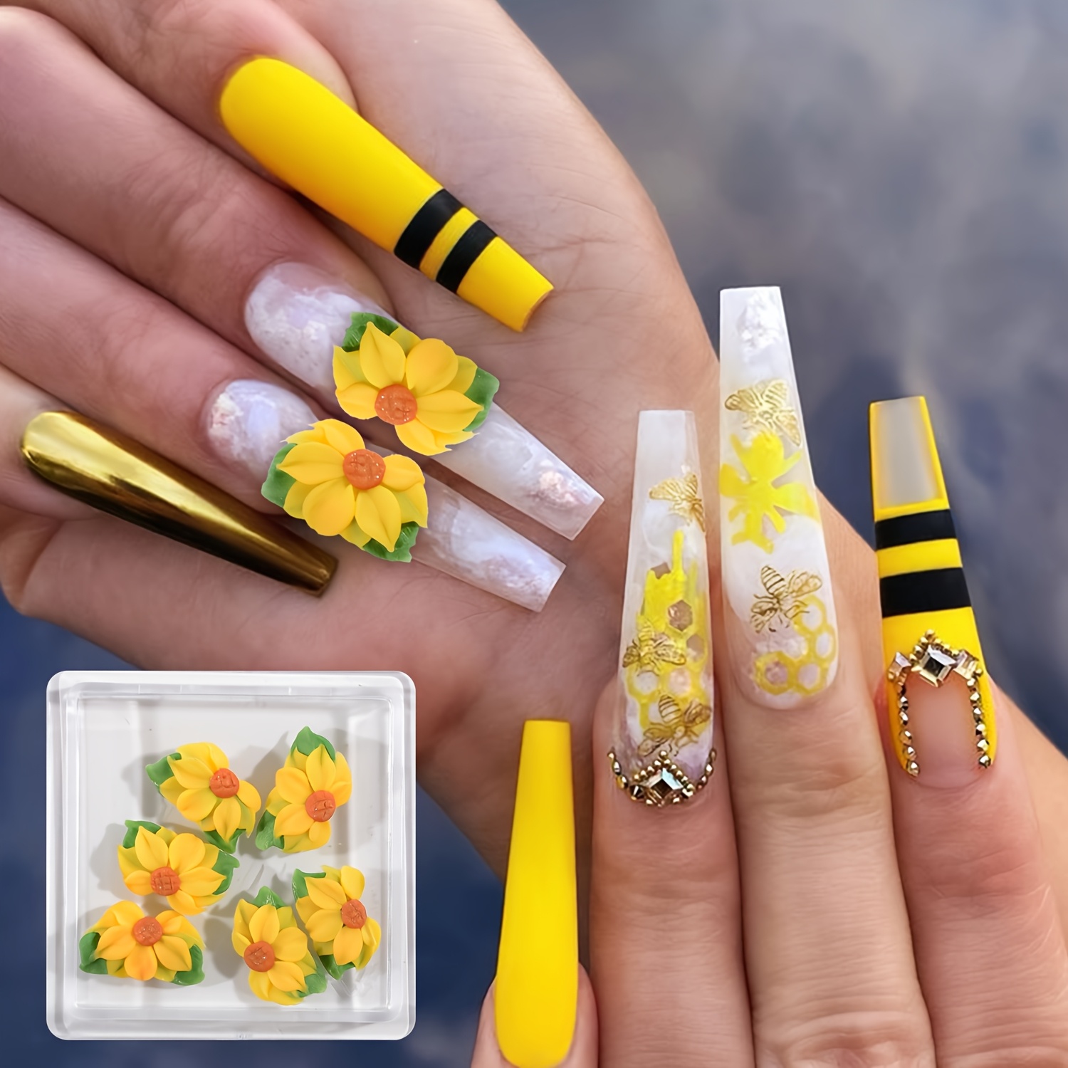 

6pcs/box Sunflower Nail Charms Acrylic Handmade Flower Charms, Handcrafted 3d Sunflower, Yellow Floral Nail Charms With Decoration, Women And Girls Diy Manicure