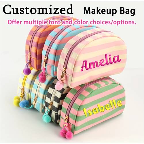 1 customizable bag with text add your embroidered multiple colors custom striped makeup pouch personalized toiletry bag print placement is random