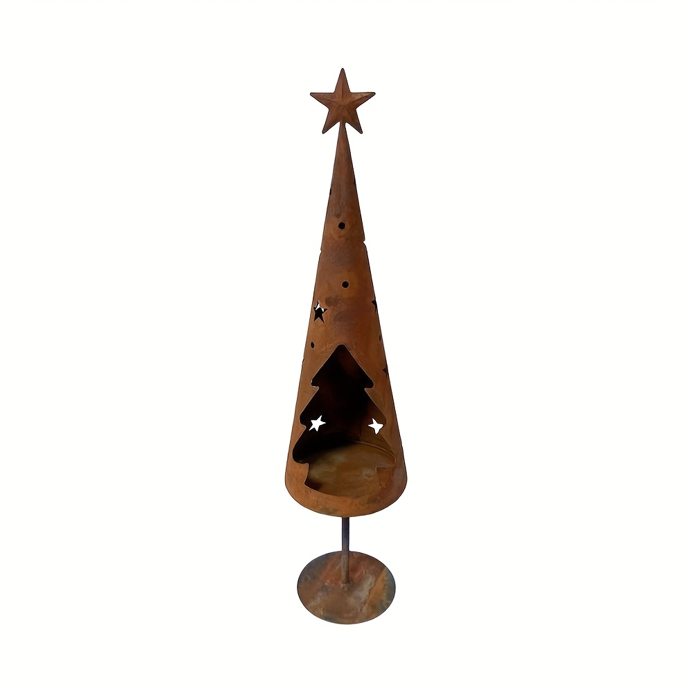 TEMU 1 Bougeoir Arbre de Noël Rustique, Décoration de Bougeoir de Noël en Métal Rouillé, Lanterne Arbre de Noël en Métal, Chauffe-plat, Bougeoir,