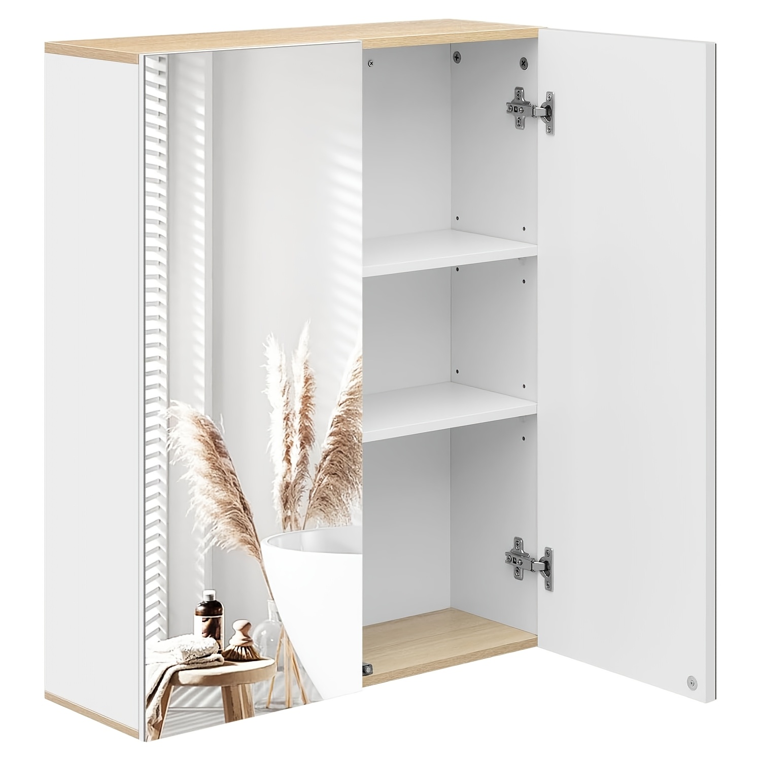 Image of 1pc Mirror Cabinet Bathroom, Bathroom Cabinet Hanging, Non-electric Bathroom Cabinet With Mirror, Hanging Cabinet With Double Door, Wardrobe With Adjustable Shelves, Oak 60x75x20cm