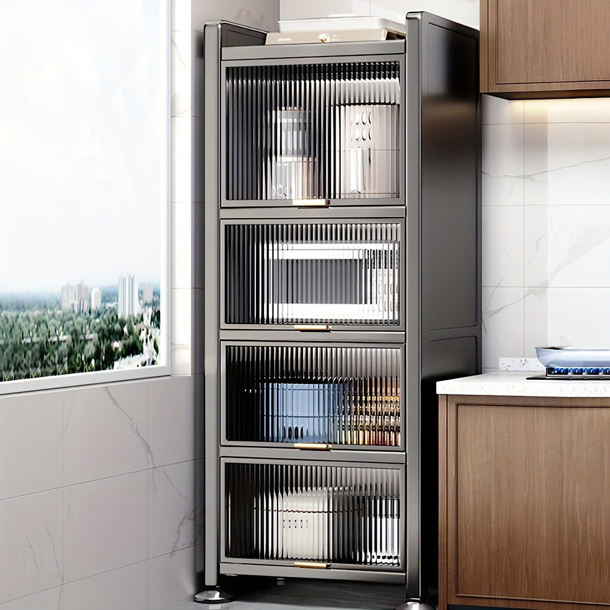 Kitchen Storage Cabinet, Mobile Microwave Stand With Flip-up Pc Doors, Freestanding Kitchen Bakers Rack For Dining Room, Living Room And Study, Grey, Utility Racks