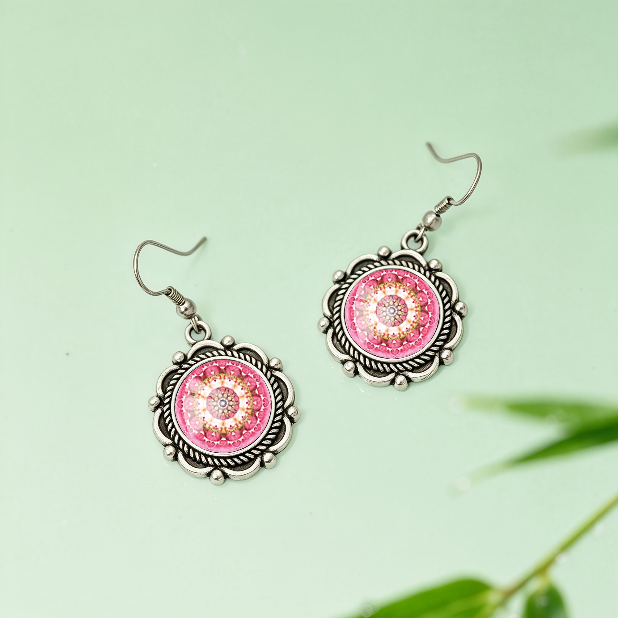Dreamy Pink Mandala Patterned Glass Earrings, Unisex Style
