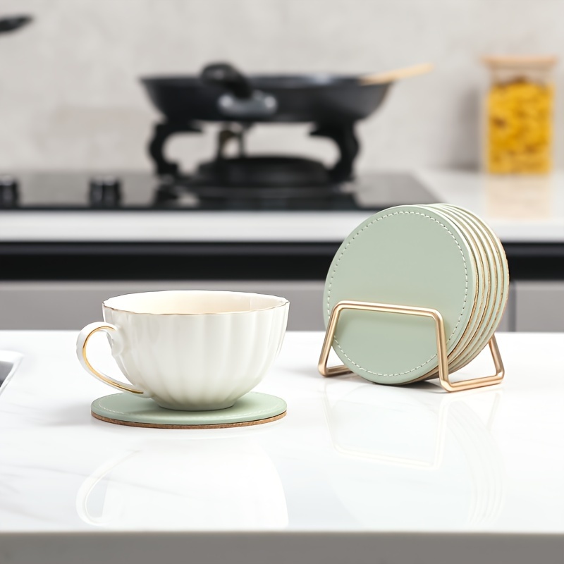 6   leather coasters with metal stand cork base coaster beverage tea cup coffee insulation mat kitchen table   leather coaster high temperature resistant insulation mat Product details 6
