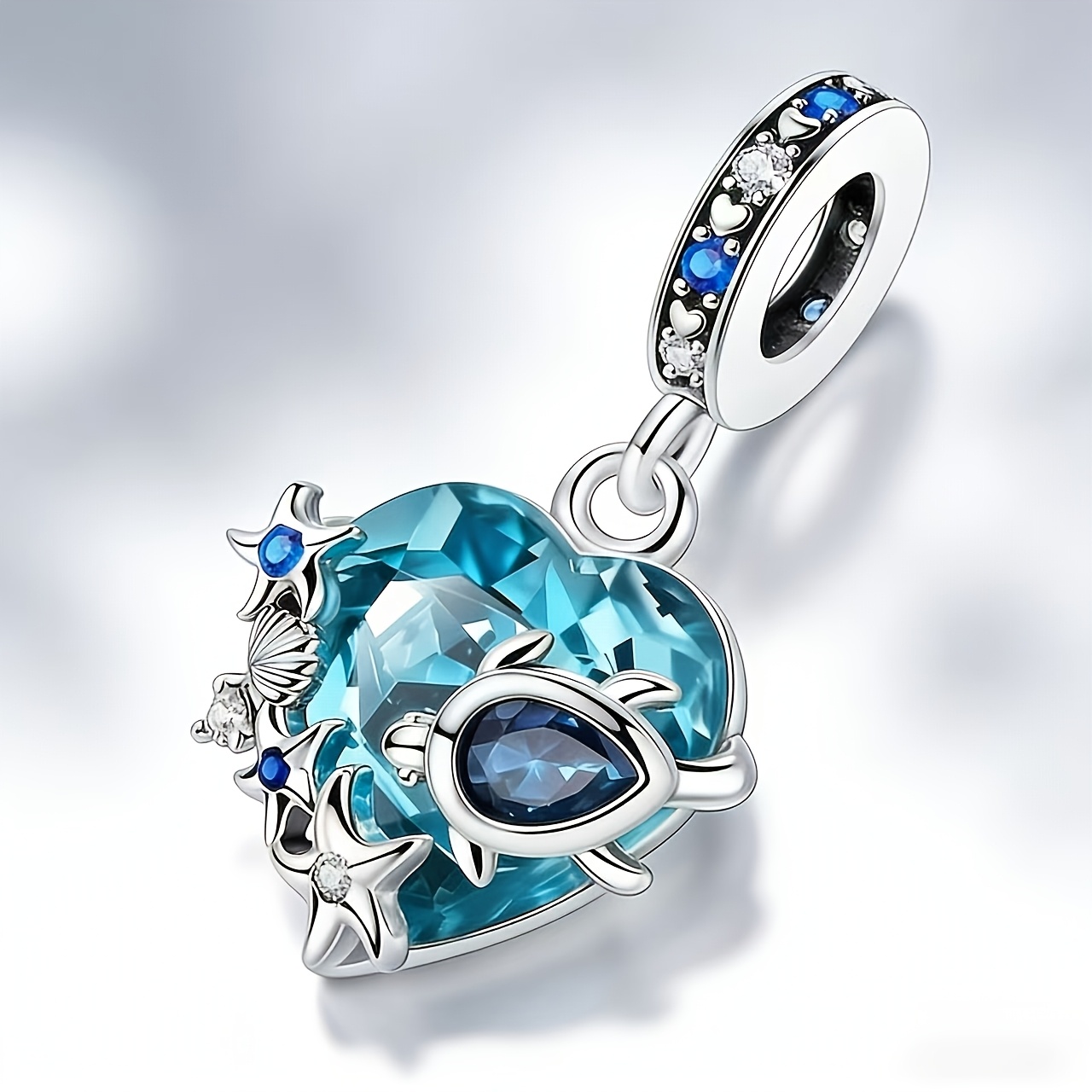 Image of 1pc 925 Silver Plated Sea Turtle Starfish Blue Ocean Love Heart Pendant Diy Charm Suitable For Original Bone Bracelet, Women' Wear Valentine's Day Gift