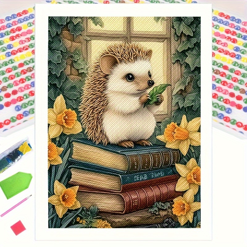 

5d Round Diamond Hedgehog On Books Canvas, Animal Themed Diamond Painting Kit With Tools, Mosaic Wall Art Craft For Beginners, Home Decor Gift - Diamond Art Set