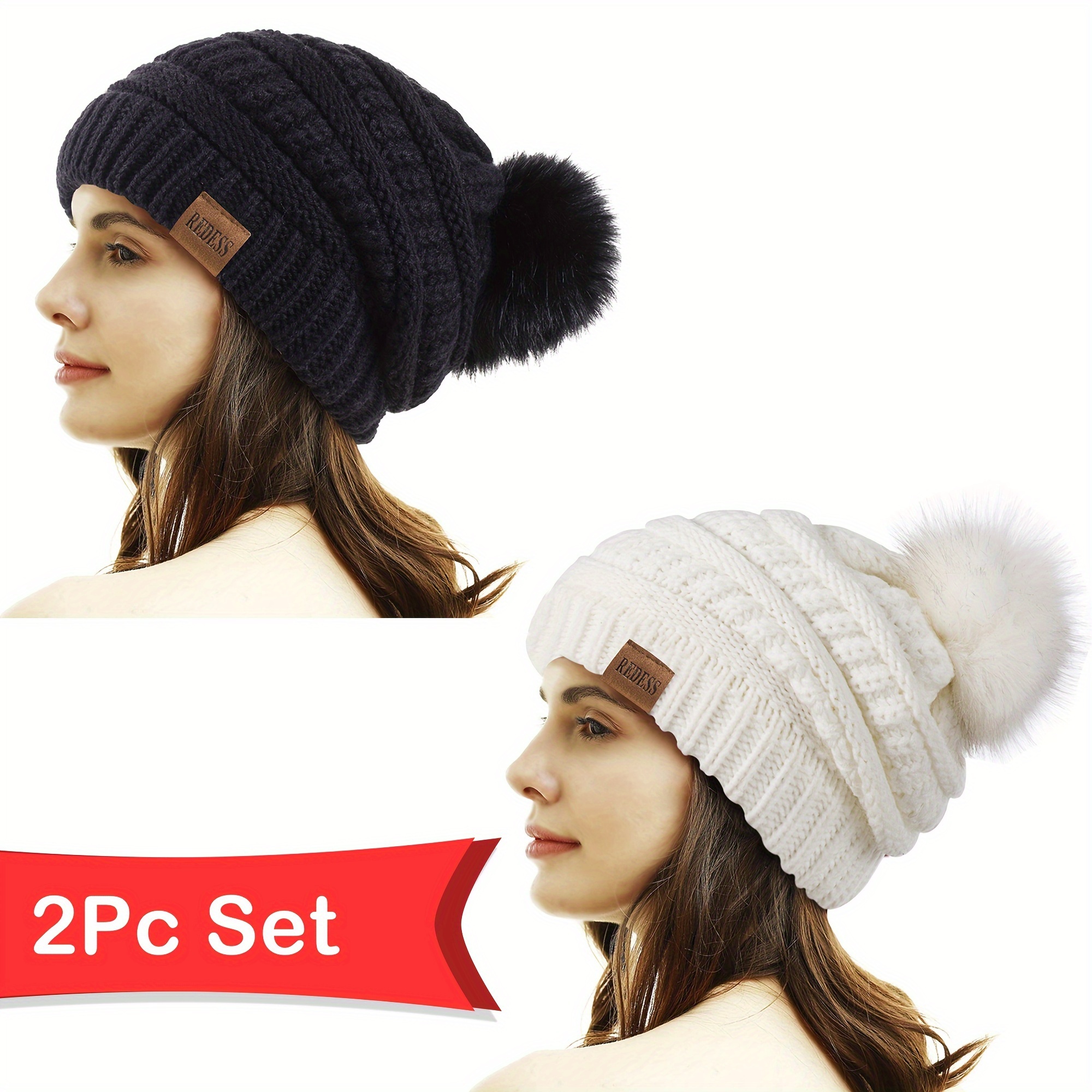 

2pc Set Women Winter Pom Pom Beanie Hat With Warm Fleece Lined Chunky Soft Oversized Cable Knit Cap