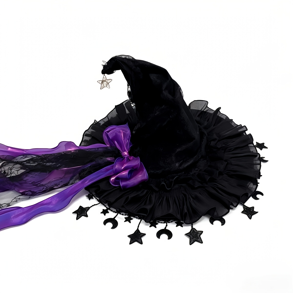 TEMU Women's Gothic Witch Hat Decorated With Lace Tassels And Satin Bow Long Organza Streamers, A Vintage Dark Gothic Headpiece Ideal For Halloween