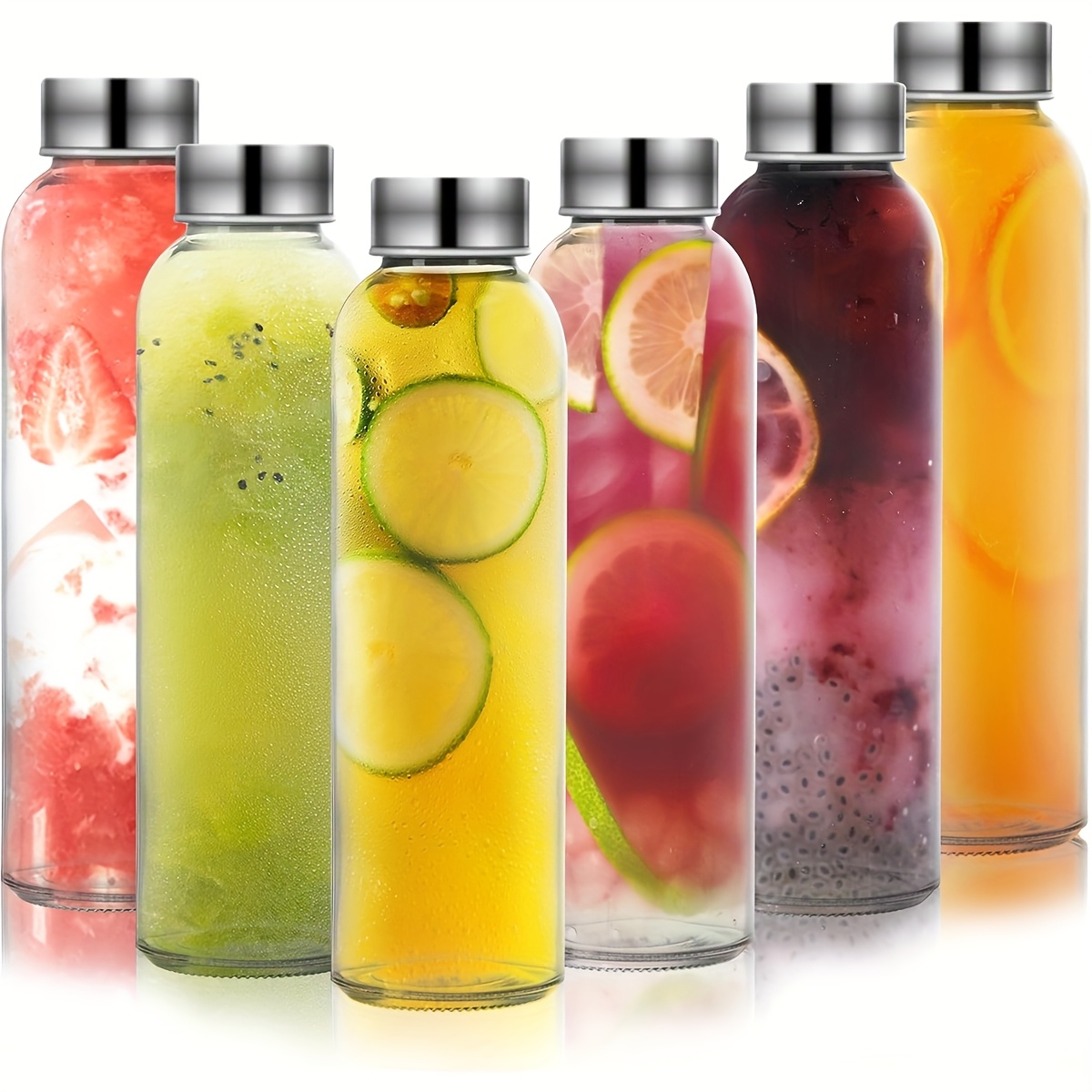 TEMU 6pcs Glass Water Bottle With Stainless Steel Lid, 18oz Clear Water Bottle With Lid, Glass Juice Bottle, Reusable Clear Water Bottle With