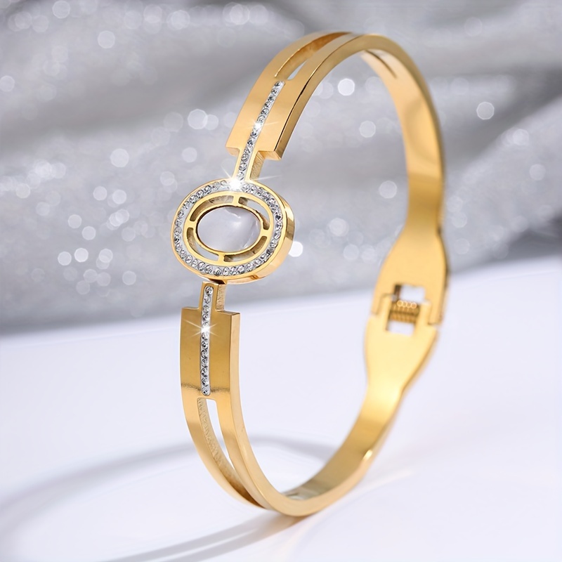 Elegant Stainless Steel Open Cuff Bracelet with Rhinestone Accents - Perfect Gift for Her, Suitable for Casual Attire & Special Occasions details 1