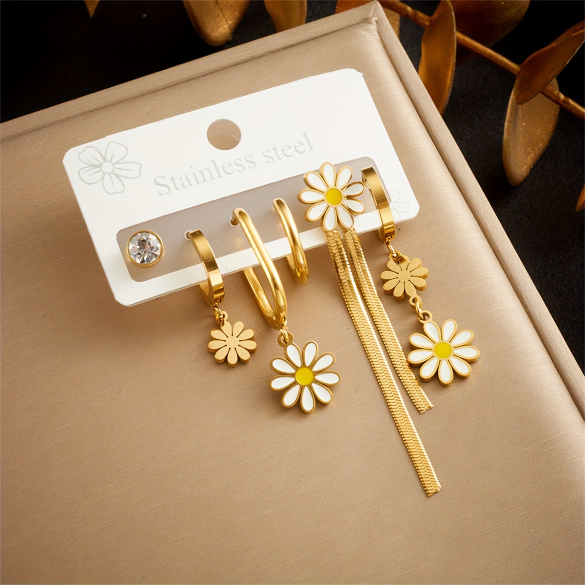 

6pcs Sweet And Unique Asymmetric Daisy Earrings - Stainless Steel With Water Drill Details - Perfect For Daily Wear And Vacations