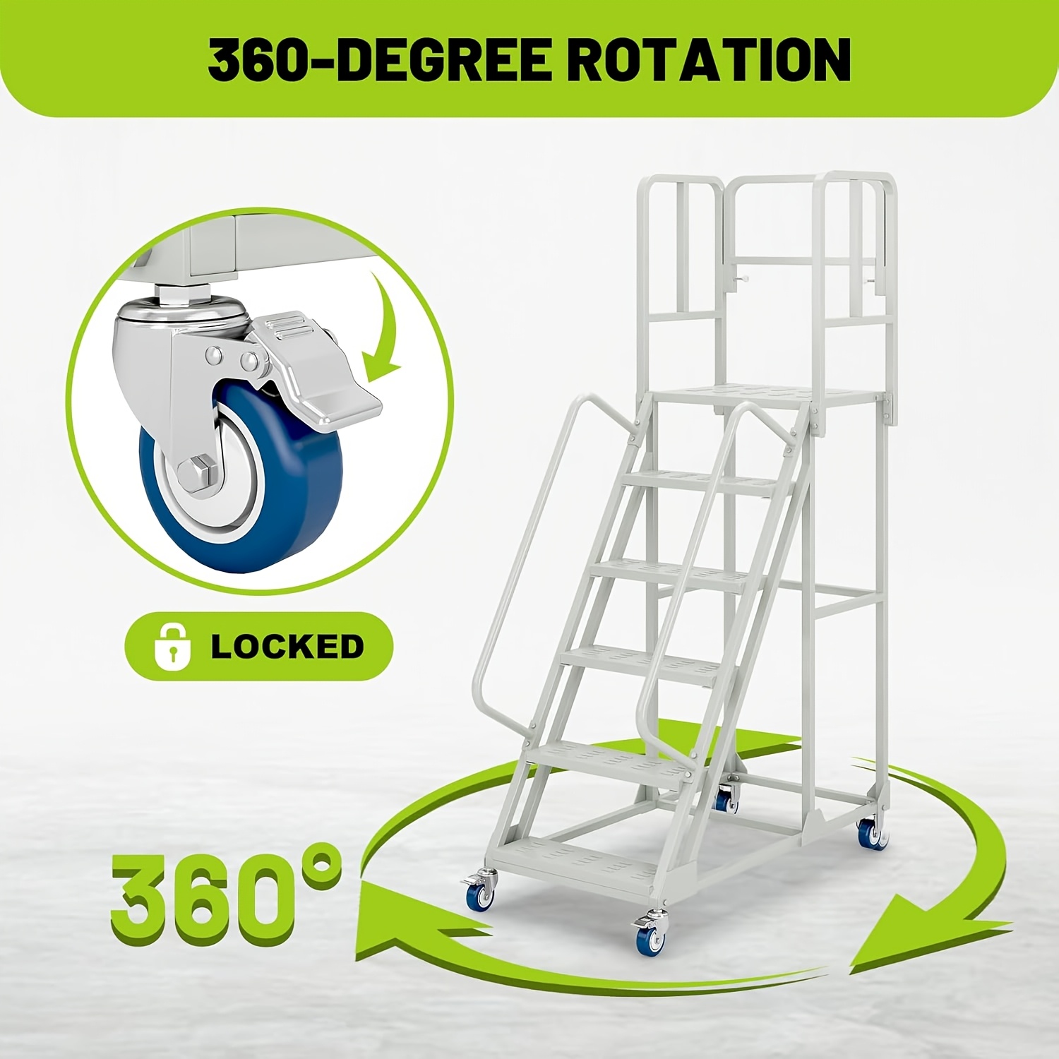 a 6 step rolling ladder measuring 24 inches wide and 90 inches high featuring dual handrails and lockable wheels   of supporting up to 1200   this heavy duty mobile   is ideal for use in   supermarkets Product details 3