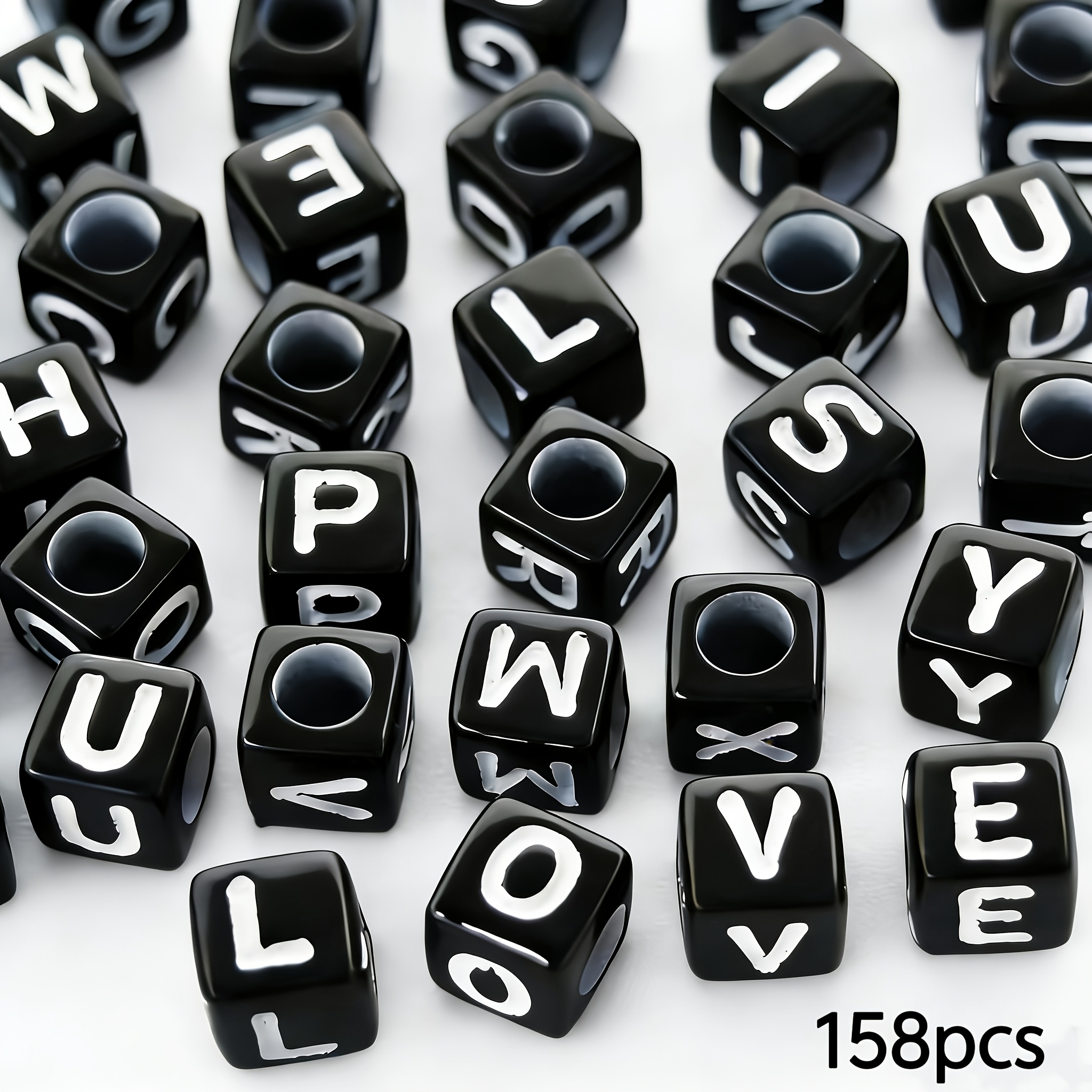 TEMU 158pcs 8Mm Carré Acrylique Fond Noir Lettres Anglaises Blanches Perles Décoratives Additions de Vêtements, Additions de Perles Faites Main, Art,