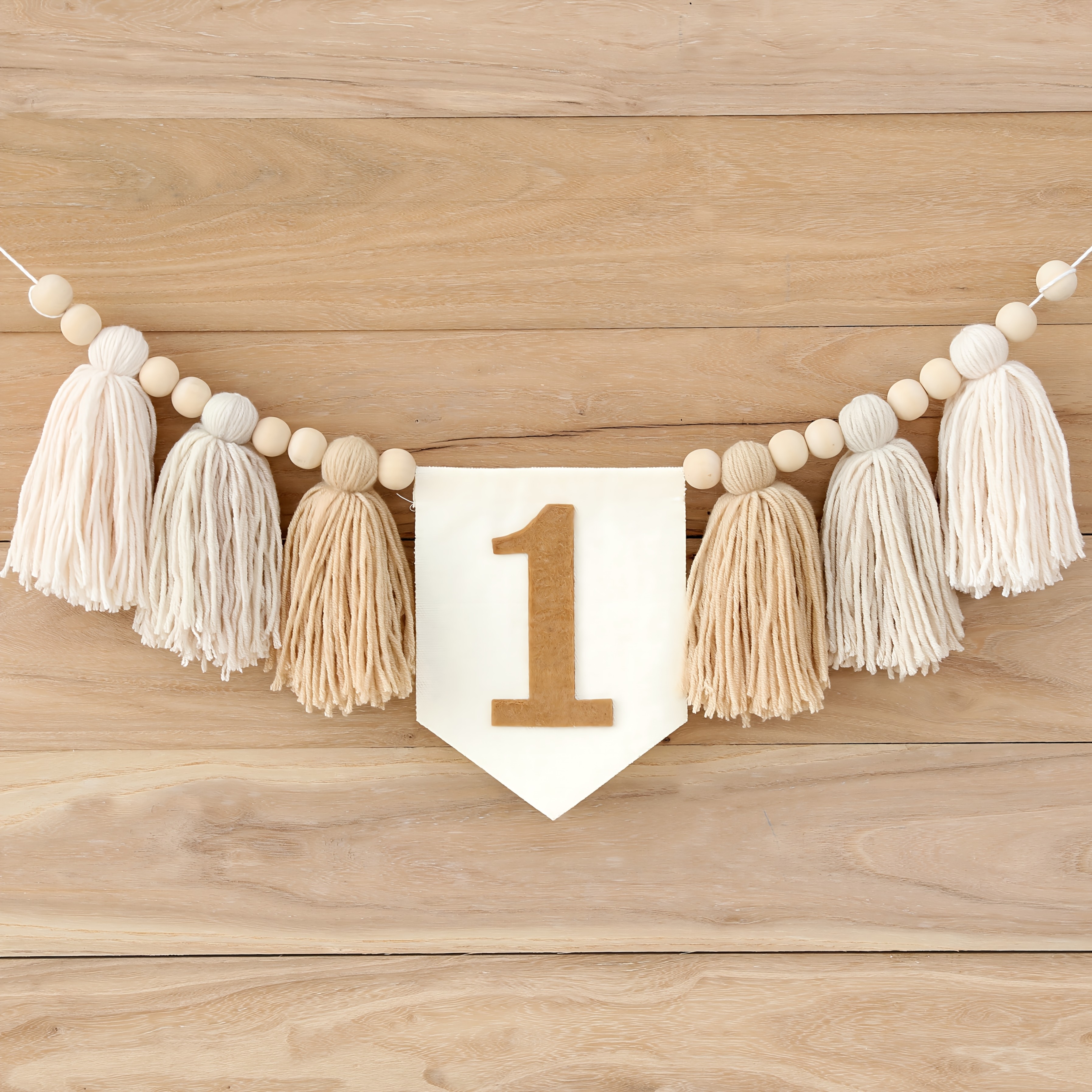 Image of Handmade Boho White Khaki Curry Tassel Garland Banner Is Suitable For Room Decoration, Birthday Party Supplies, Highchair Decoration