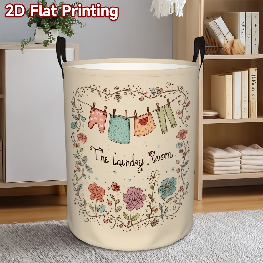 1pc Laundry Basket with Cute Floral & Clothespin Design - High-Capacity Foldable Hamper, Durable Polyester Fabric Storage Bin with Sturdy Handle for Bedroom, Bathroom, Dorm Organization (Beige)