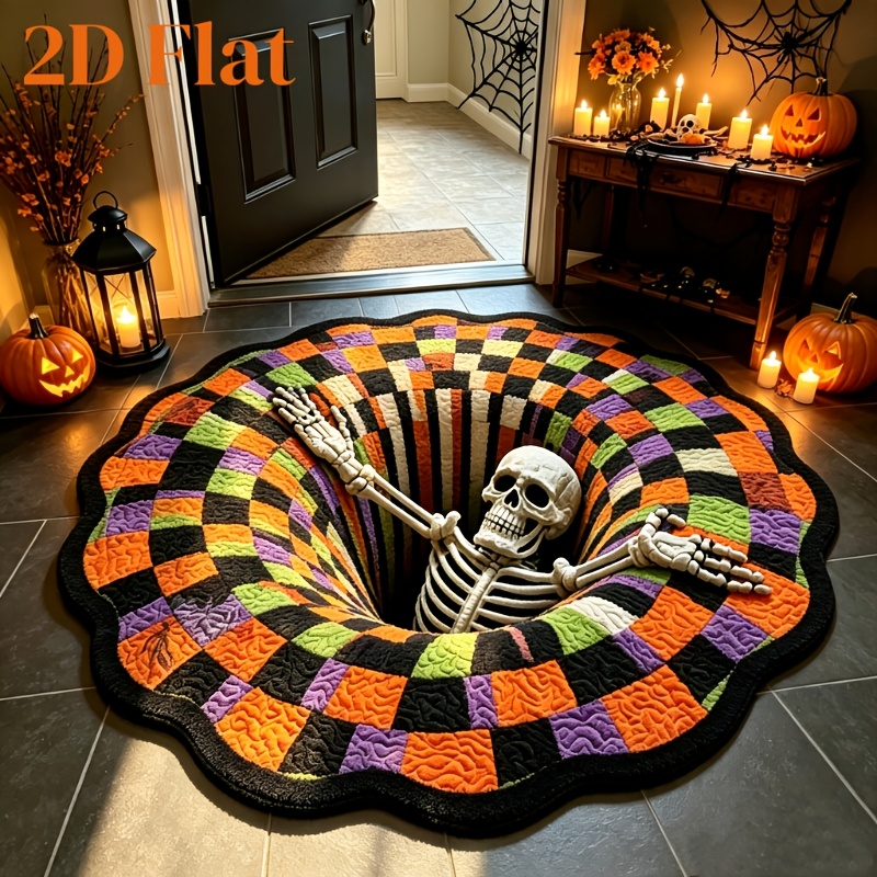 velvet 900g 1pc skull creative pattern living room halloween round carpet 3d visual effect swirl bedroom decor bedside carpet retro color block checkered home sofa plush carpet easter fluffy soft holiday non slip mat