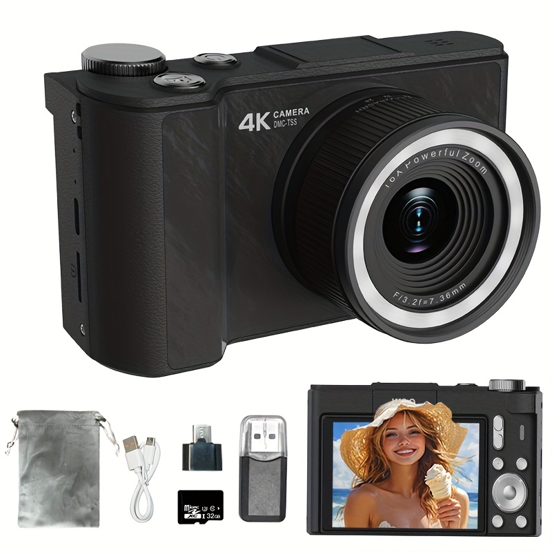 TEMU Appareil Photo Numérique Professionnel Compact 4K avec Zoom Numérique 16x, Appareil Photo avec Écran Pivotant à 180° de 3 Pouces, Appareil Photo