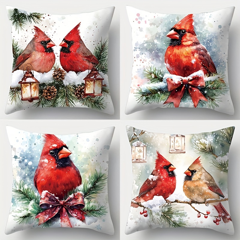 

4pcs Red Bird Print Pillowcase, Pillowcase Decoration, Home Decoration, Room Decoration, Bedroom Decoration, Living Room Decoration, Sofa Decoration Without Pillow