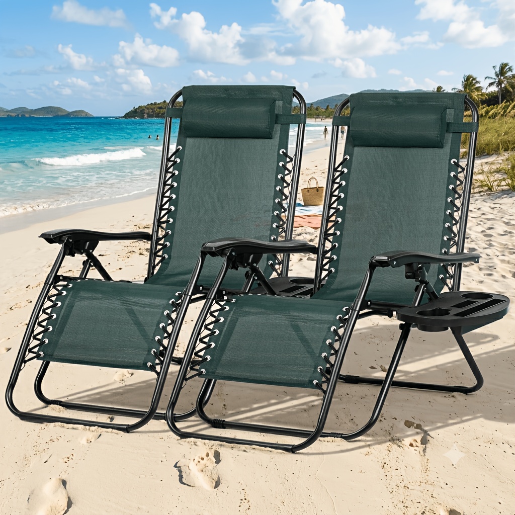item picture Pair of Outdoor Adjustable Lounge Chairs, Zero Gravity Recliners, Ideal for Camping And Beach Relaxation, Featuring a Cup Holder