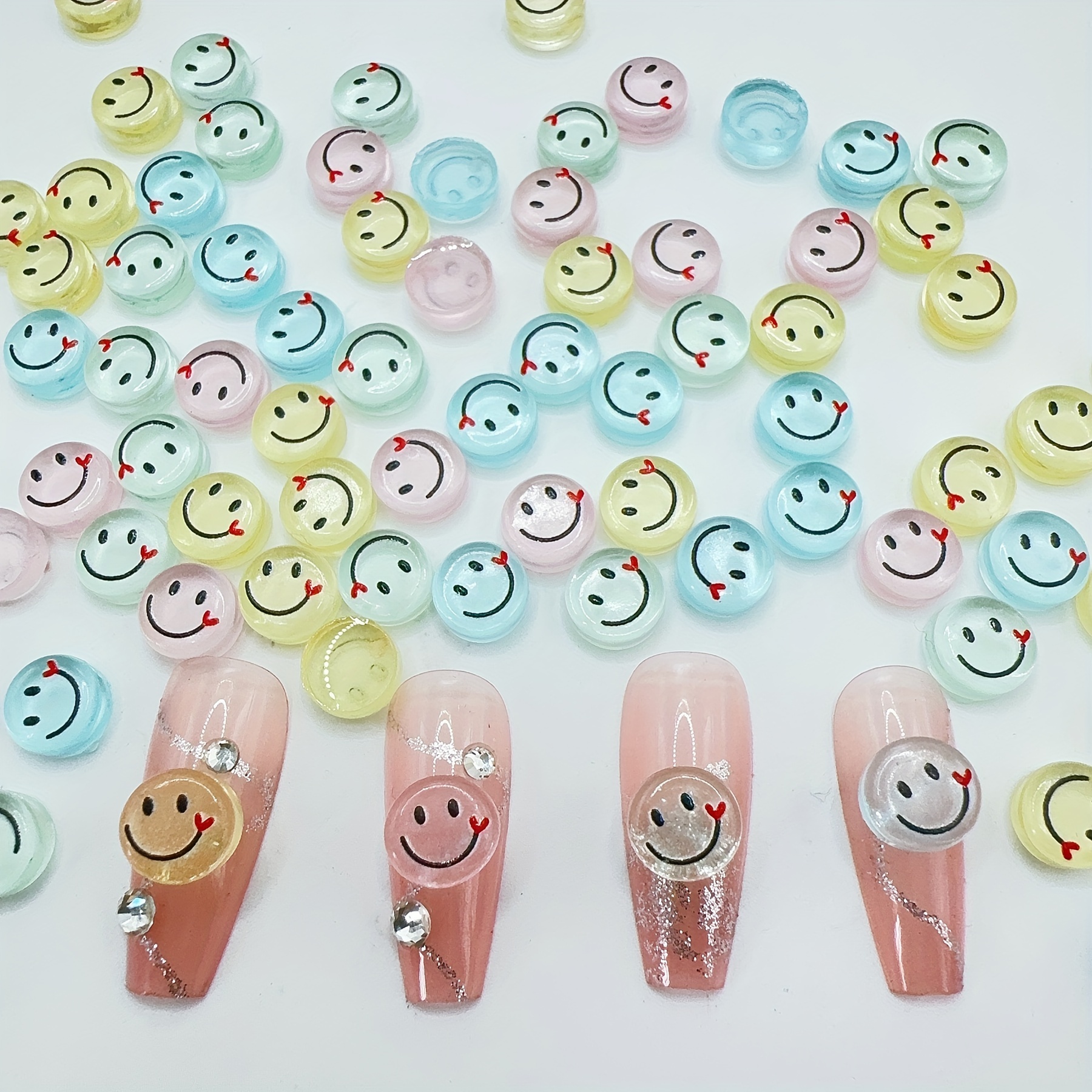 

50pcs 8mm Diy Resin Cute Mini Cartoon Cute Round Heart Smiling Face Flat Back Cabochon, Scrapbook Woman Girls Nail Slices Manicure Charms Decorate Jewelry Accessories