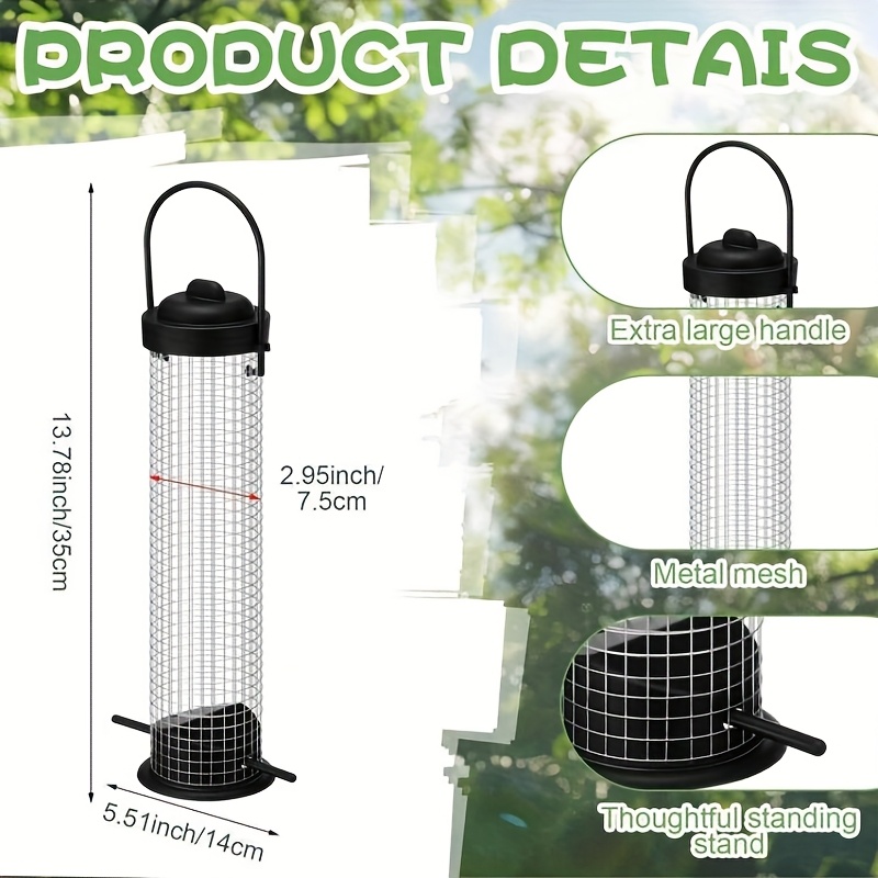 Outdoor Hanging Wild Bird Feeder, Metal Mesh Cylinder Wild Bird Feeder With Handle, Garden Decoration, Squirrel-proof Backyard Bird Food Additions, Bird Food Mix Seeds For , Cockatiels