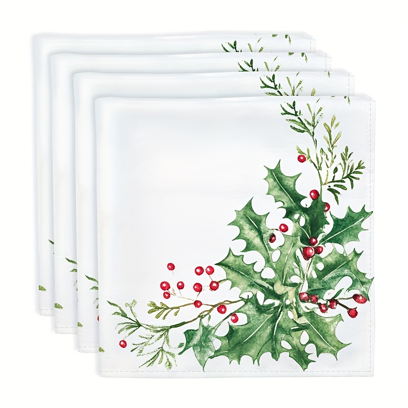 TEMU 4pcs Festive Holly & Berry Cloth Napkins - Soft, Absorbent, Reusable Dinner Napkins With Green Holly Leaves And Red Berries For Holiday Parties
