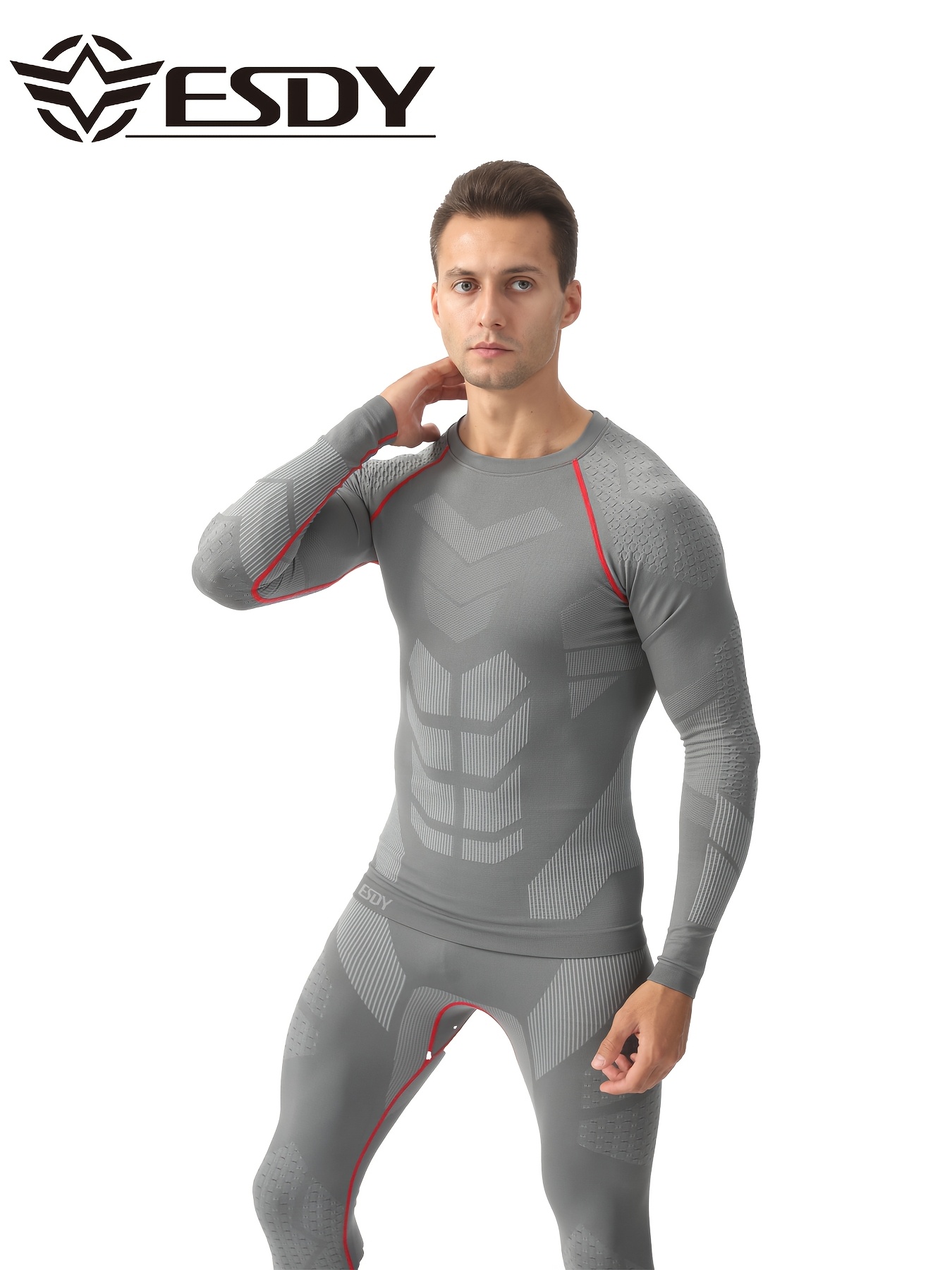 ESDY Men's Knitted Round Neck Stretch Compression Set with Breathable Compression Pants and Body Shaping Top for Winter Basic Workout Fitness Cycling Outdoors Activities