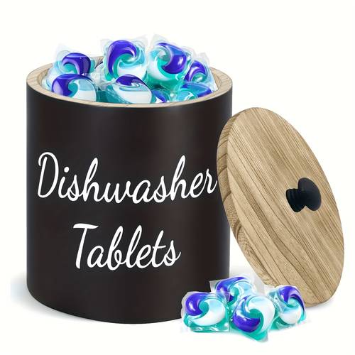 farmhouse dishwasher tablets container wooden lid laundry room organizer modern rustic storage jar for kitchen countertop perfect graduation gift black white
