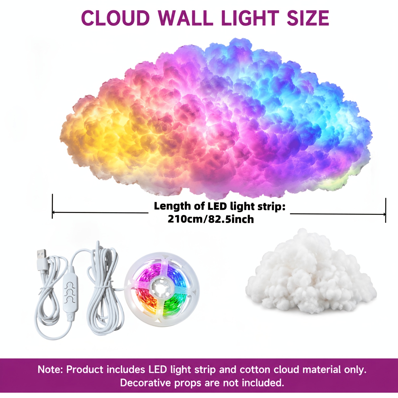 TEMU 82.5-inch 3d Thunder Cloud Led Light, Cloud Lamp With Music Sync, Usb Powered Wall/ceiling Mount Cloud Light, Aesthetic Room Decor For Bedroom,