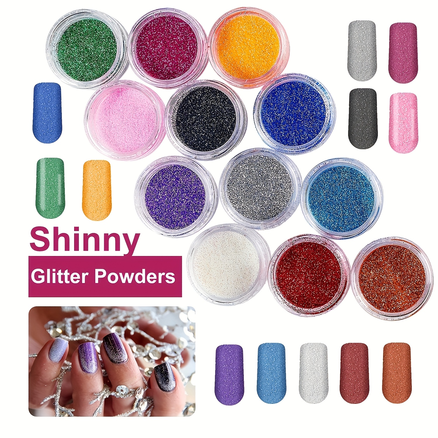12 kompletnih uradi sam setova za nokte za početnike s glitter prahom, French tip sustavom (i), kliještima za nokte, četkicama i trakama za poliranje - Sve u jednom manikir setu za njegu noktiju, s korak po korak priručnikom (Poklon)