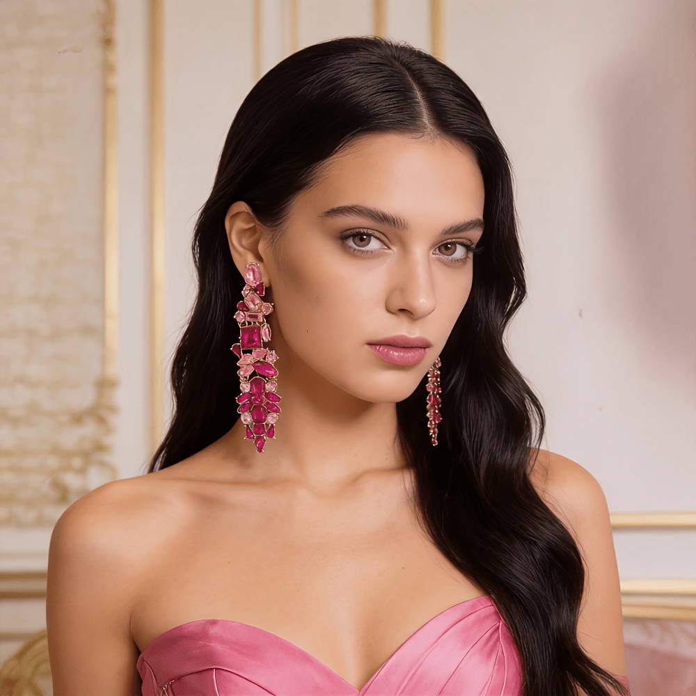 Women's Long Elegant Geometric Earrings with Multicolor Zirconia
