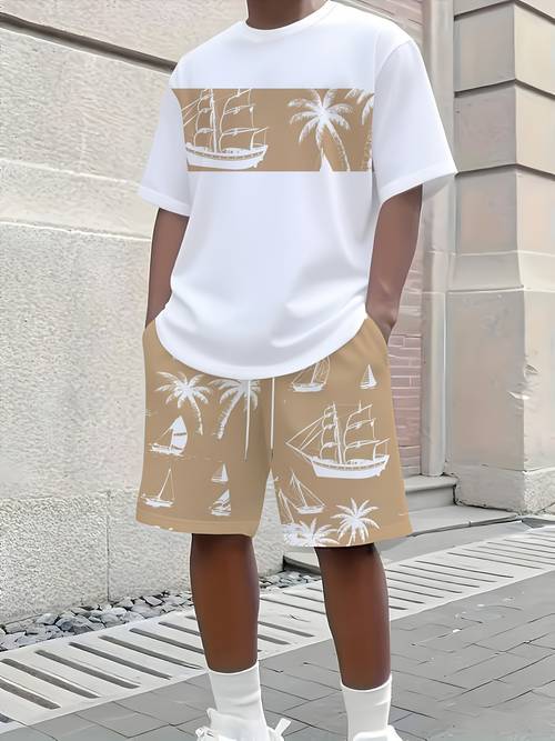 2pcs Men's Short Sleeve Shorts Set, Casual Round Neck T-Shirt with Coconut Tree Print, Summer Vacation Style, Outdoor Sport Comfortable Wear, Slightly Stretchy Polyester Knit Fabric, Perfect Gift for Friends