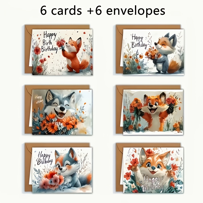 E-shop Ein Set aus 12 kreativen Grußkarten mit Tiermotiven und Blumen (inklusive Umschläge) - Entzückende Fuchs-Party-Themenkarten - ein lustiges