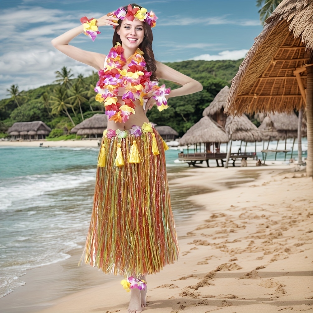 Luau Party Costume Long Hawaiian - 80cm Luau Costume With Flowers For Beach  Party & Fancy Dress (Natural Color) Hula Skirt